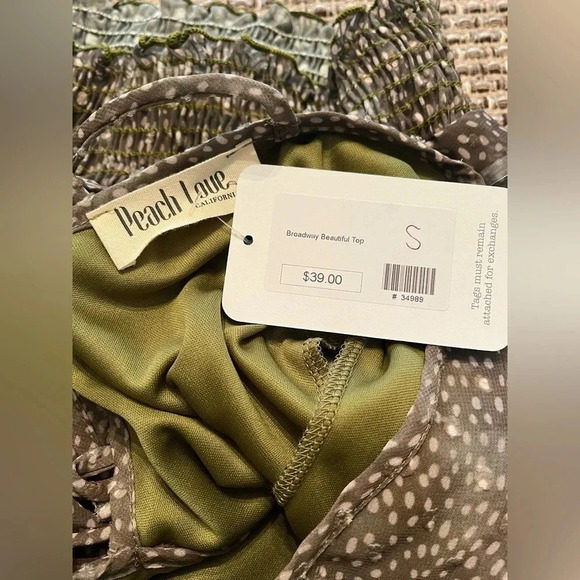 Boutique Boho Olive Green polka dot Blouse Small Peach Love California NWT - Picture 9 of 10